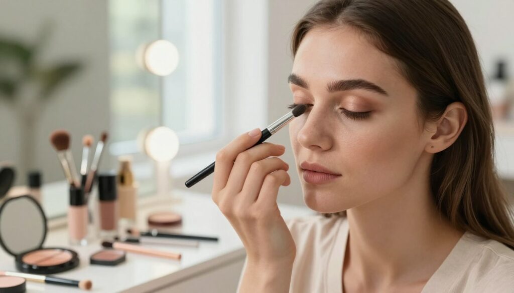 A close-up view of a woman applying subtle eye makeup and enhancing her eyebrows, demonstrating techniques for emphasizing natural beauty. The foreground features her focused expression while she delicately uses a brush and pencil, showcasing the intricate details of her eye and brow makeup. She wears simple, modest clothing to maintain a professional appearance. The middle ground captures tools like brushes, eyeshadows, and brow pencils arranged aesthetically. The background is softly blurred, depicting a well-lit vanity with natural light streaming through a window, creating a warm, inviting atmosphere. The overall mood is serene and elegant, emphasizing a natural look ideal for everyday wear, with a focus on enhancing features without the heavy makeup effect.