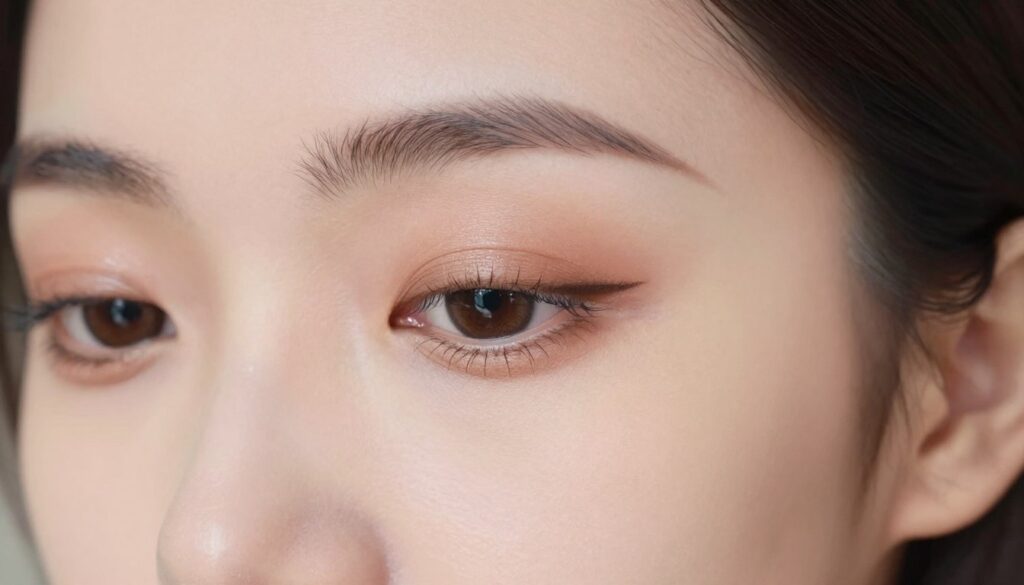 A close-up view of a woman's eye showcasing a simple daytime makeup look using two complementary shades. The foreground features well-applied eyeshadow in soft beige and light brown tones, enhancing the natural shape of her eyelid. The middle ground includes subtle eyeliner along the lash line, accentuating her gaze without overpowering it. Her lashes are naturally curled, adding to the gentle effect. The background is softly blurred to maintain focus on the eye, with warm, natural lighting that creates a fresh and inviting atmosphere. The model is dressed in a modest casual top, and her skin appears flawless, conveying a polished yet approachable look.