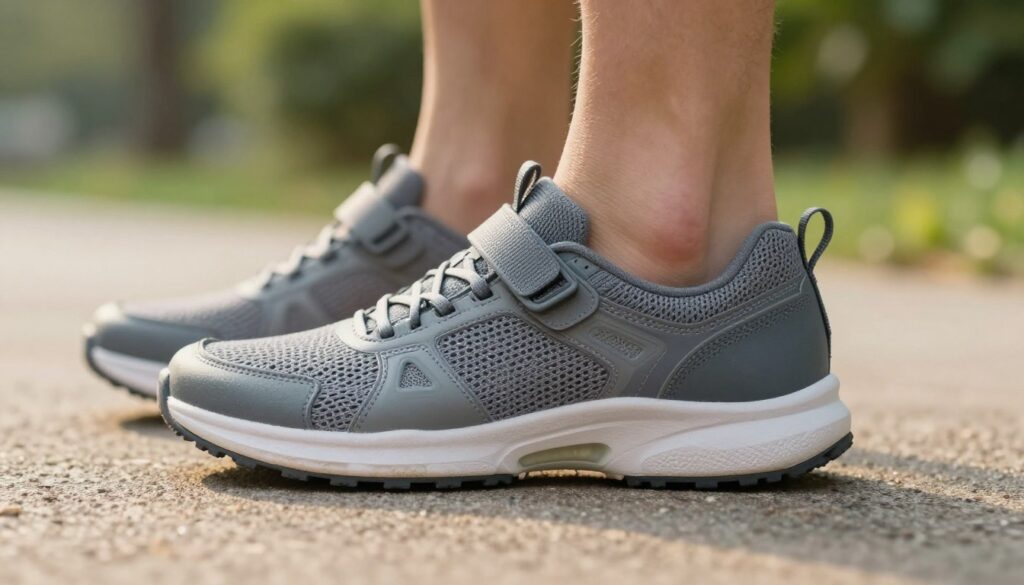 A close-up view of an innovative shoe designed for foot support, showcasing the unique combination of advanced cushioning and ergonomic design. The foreground highlights the shoe's intricate features, such as the cushioned sole, breathable materials, and adjustable straps. In the middle ground, a lightly textured surface suggests comfort and safety, while in the background, softly blurred greenery evokes a sense of outdoor activity and freshness. The lighting is warm and inviting, with a slight glow enhancing the shoe’s materials to emphasize their high-quality craftsmanship. The scene captures a serene yet active atmosphere, ideal for conveying the concept of comfort through innovative technology in footwear.