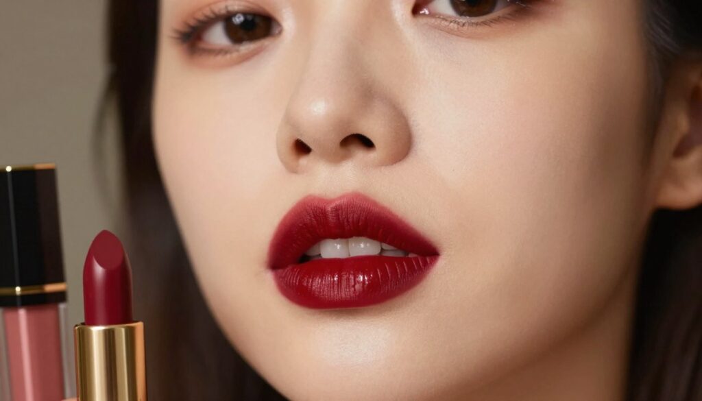 A close-up view of beautifully styled lips featuring a bold evening lip makeup, showcasing a rich deep red lipstick with a glossy finish. The lips are impeccably defined, emphasizing the contrast against a flawless complexion, enhancing the overall sophistication of the look. The background is softly blurred to draw attention to the lips, with subtle hints of stylish makeup tools like brushes and lip gloss tubes in the periphery. The lighting is warm and inviting, highlighting the shine of the lipstick while casting gentle shadows that add depth. The mood is elegant and classy, perfect for an evening out, creating a perfect harmony with the dramatic eye makeup suggested in the section title.