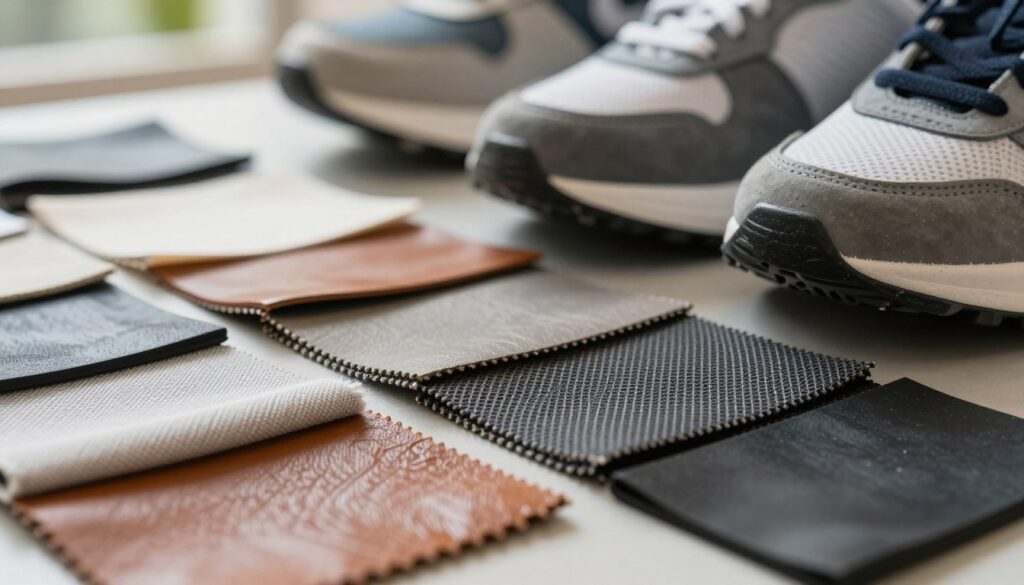 A close-up view of high-quality materials used in footwear, particularly focusing on different textures and colors. The foreground features an assortment of fabric swatches, including leather, mesh, and rubber, neatly arranged to showcase their qualities. The middle ground includes a pair of stylish sneakers partially in focus, emphasizing their craftsmanship and intricate details. In the background, soft natural lighting highlights the materials' sheen, creating an inviting atmosphere. Use a shallow depth of field to blur the background slightly, drawing attention to the textures in the foreground. The overall mood should convey professionalism and quality, reflecting an analysis of material quality in footwear.