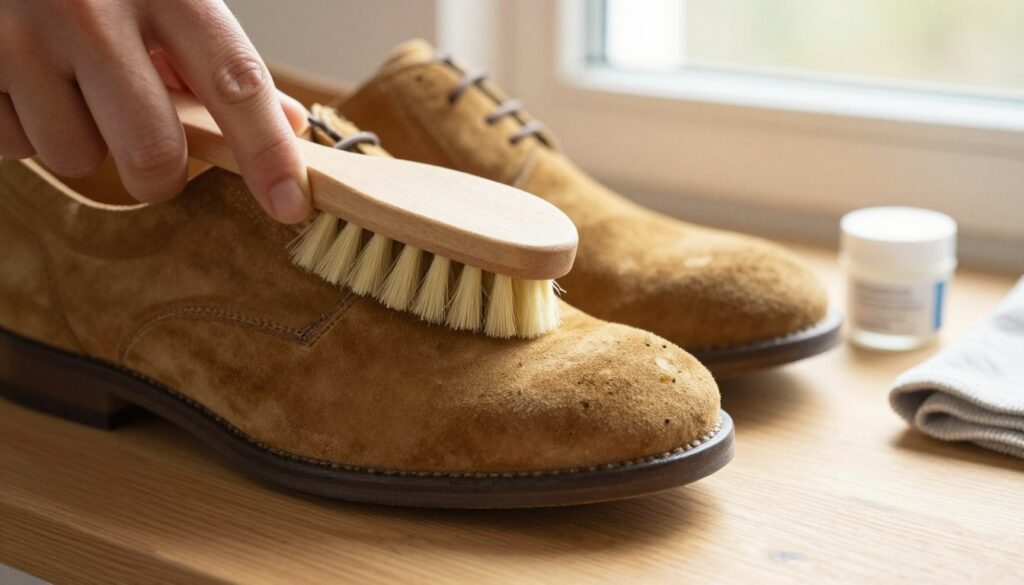 A close-up view of suede shoes being cleaned on a wooden surface, showcasing a soft brush gently scrubbing the fabric. The shoes are a rich tan color, displaying their texture beautifully, with dirt and stains being lifted away. In the background, natural light streams through a nearby window, casting a warm glow over the scene and highlighting the shoe's contours. Scatter some household cleaning items around, like a small container of suede cleaner and a clean cloth, to give context to the cleaning process. The overall mood is calm and focused, emphasizing the DIY approach to restoring suede footwear to its former glory.