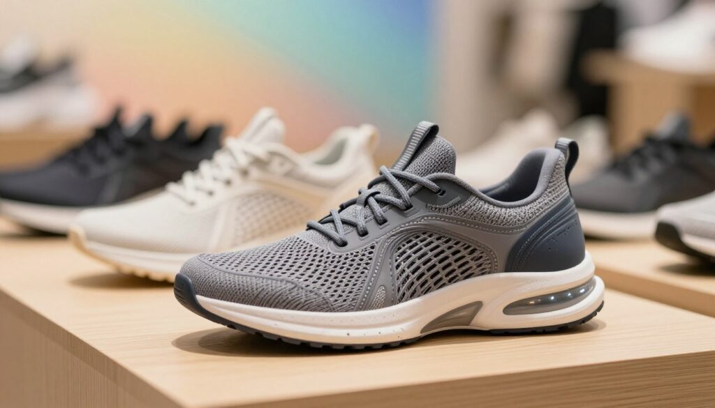 A close-up view of technologically advanced shoes designed for comfort, showcasing features like breathable materials and cushioned soles. The foreground displays a stylish shoe, emphasizing its ergonomic design, with intricate details like moisture-wicking fabric and shock-absorbing insoles. In the middle ground, softly blurred to create depth, a selection of similar shoes is arranged on a well-lit, modern display surface made of light wood. The background presents an abstract gradient of soft colors, evoking a sense of harmony and innovation. Utilize soft, diffused lighting to create a welcoming atmosphere, simulating a high-end retail environment. The image should evoke a feeling of warmth and sophistication, illustrating the concept of comfort in modern footwear technology.