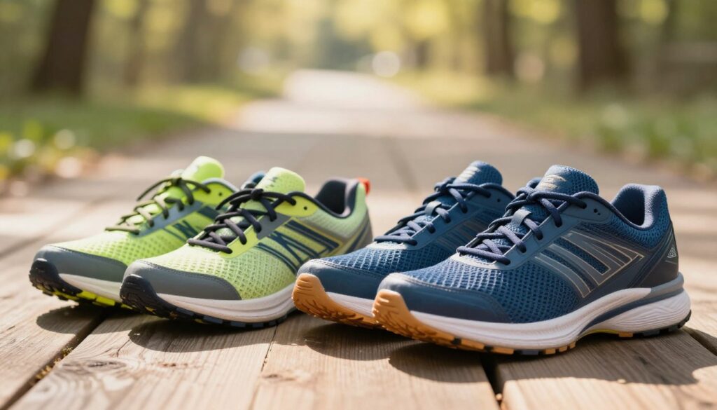 A close-up view of two pairs of running shoes side by side on a wooden surface, showcasing various styles and colors, emphasizing features like cushioning, support, and flexibility. The foreground highlights the shoes in vibrant tones, with the laces slightly undone. In the middle, a blurred backdrop of a running trail with gentle sunlight filtering through trees, creating a warm and inviting atmosphere. Soft shadows enhance the details on the shoes, while the lighting casts an uplifting mood. Incorporate a shallow depth of field to emphasize the shoes' details, keeping the focus clear and sharp.