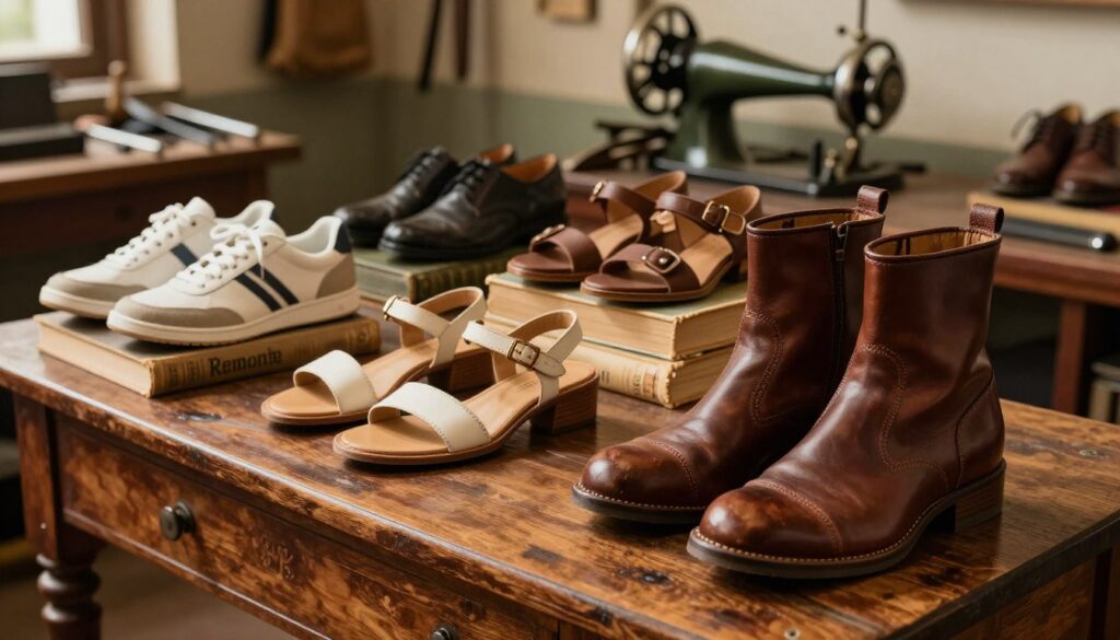 A collection of Remonte shoes displayed elegantly in a vintage setting, showcasing various styles that highlight the brand's history. In the foreground, focus on a pair of classic leather boots with fine stitching details, sitting atop an antique wooden table. In the middle ground, include additional styles like comfortable sneakers and elegant sandals arranged on old books, reflecting a sense of heritage. The background features a softly lit, rustic workshop filled with cobbler tools and a vintage shoe-making machine, symbolizing the craftsmanship behind Remonte shoes. The lighting is warm and inviting, creating a nostalgic atmosphere that emphasizes the quality and history of the brand. The scene is captured from a slightly elevated angle, providing depth and capturing all elements harmoniously.