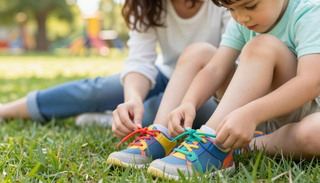A colorful, inviting scene depicting a young child sitting on a grassy lawn, focused intently on tying their shoelaces. The child, wearing casual, comfortable clothing, utilizes a bright pair of shoes with vibrant laces. In the foreground, a hand gently guides the child in a step-by-step demonstration of tying knots, aiming to convey a sense of patience and guidance. In the middle ground, a parent, also casually dressed, watches over encouragingly, creating a warm, supportive atmosphere. The background features a sunny day with soft, natural light, trees, and a playground, enhancing the feeling of a joyful learning experience. The image should evoke a sense of simplicity and fun, focusing on this essential life skill.