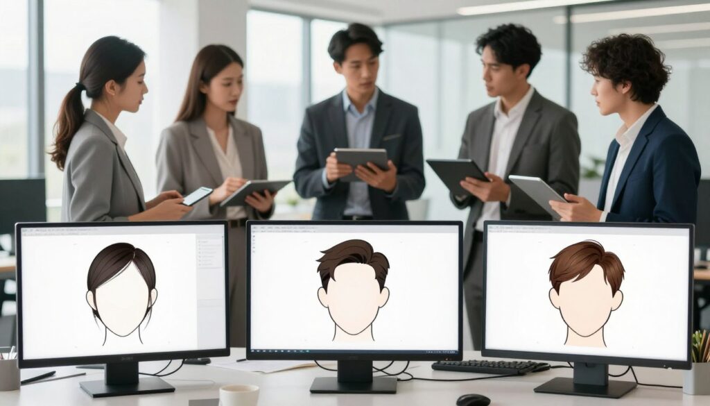 A conceptual illustration of face shape recognition methods, showcasing a diverse group of professionals analyzing different face shapes in a sleek, modern office environment. In the foreground, three stylized digital screens display outlines of various face shapes, such as oval, square, and heart, with corresponding hairstyles. The middle ground features focused professionals wearing smart business attire, engaged in discussion and using tablets with facial recognition software. The background should be a bright, well-lit office with large windows allowing natural light to flood in, creating a productive and collaborative atmosphere. The overall mood is dynamic and innovative, emphasizing the intersection of technology and beauty expertise in selecting flattering hairstyles.