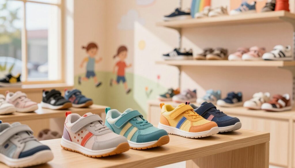 A cozy children's shoe store interior with a vibrant selection of shoes for kids at various developmental stages. In the foreground, a pair of colorful, comfortable children's shoes is displayed on a soft wooden shelf, highlighting their design and materials. In the middle ground, soft pastel-colored walls adorned with playful graphics of children running and playing, creating an inviting atmosphere. The background features shelves stocked with different shoe styles, from sneakers to sandals, emphasizing variety. The lighting is warm and inviting, with soft sunlight filtering through a nearby window, casting gentle shadows. The overall mood is cheerful and nurturing, showcasing the importance of choosing the right footwear for children’s growth and comfort.