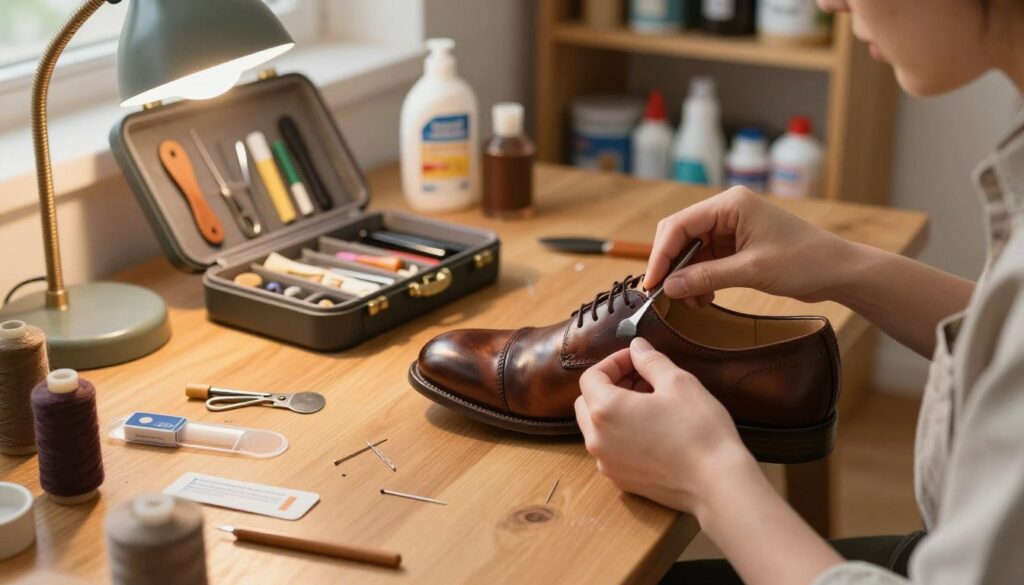 A cozy home workspace focused on shoe repair, featuring a well-lit wooden table scattered with shoe repair tools like needles, thread, and adhesive. In the foreground, an old but stylish pair of shoes is being meticulously worked on by a person in modest casual attire, showcasing the hands skillfully applying polish to a scratched area. In the middle ground, a toolkit opens reveals various repair supplies, while a small lamp casts a warm glow over the scene, emphasizing the intricate details in the leather and stitching. The background includes a shelf filled with cleaning products and shoe polishing supplies, creating an inviting and industrious atmosphere, highlighting the theme of DIY shoe repair.