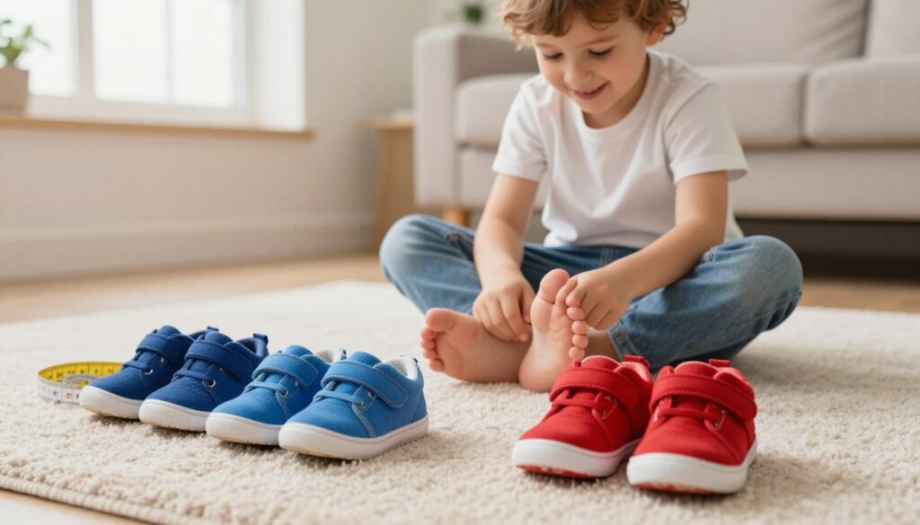 A cozy living room setting featuring a pair of children's shoe sizes laid out on a soft rug. In the foreground, a pair of brightly colored toddler shoes, one blue and one red, showcasing different sizes, placed next to a measuring tape. In the middle ground, a cheerful child, wearing comfortable, modest clothing, is sitting cross-legged, focused intently on fitting one of the shoes on their foot. In the background, a window lets in warm, natural light, illuminating the room and creating a welcoming atmosphere. The overall mood is playful and nurturing, emphasizing the importance of finding the right shoe size for children.