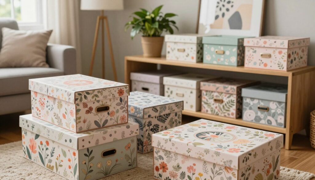 A cozy, organized home space featuring creatively adorned shoe boxes used for storage and decoration. In the foreground, elegantly decorated shoe boxes with floral patterns, pastel colors, and artistic designs are stacked neatly, displaying their functionality. In the middle ground, a tastefully arranged living area showcases a stylish shelf filled with these decorative storage boxes alongside house plants and art pieces. The background features warm, natural lighting filtering through a window, creating a soft, inviting atmosphere. The scene is captured from a slight overhead angle, emphasizing the creativity and organization. The overall mood is cheerful, inspiring a sense of creativity and home improvement.