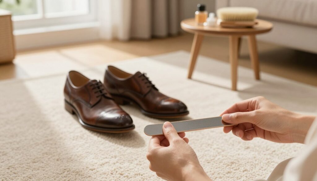 A cozy, well-lit living room scene focused on a pair of elegant shoes being gently stretched. In the foreground, a hand holding a shoe stretcher, demonstrating the process of expanding the shoe. The middle ground showcases a pair of stylish shoes resting on a soft carpet, with one shoe partially inserted into the stretcher. In the background, a warm and inviting setting includes a small wooden table with shoe care products, such as polish and brushes, hinting at home remedies. Soft sunlight filters through the window, casting a warm glow over the scene, suggesting a calm and productive atmosphere for enhancing shoe comfort. The lens captures a slightly elevated angle, emphasizing the process and creating an intimate feel.
