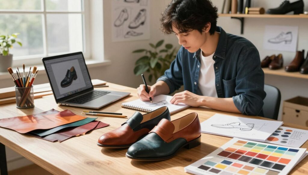 A creative workspace showcasing the key stages of designing unique shoes. In the foreground, a pair of stylish, half-finished shoes lies on a wooden table, surrounded by vibrant leather swatches, paint brushes, and color palettes. In the middle ground, a professional designer, dressed in a smart casual outfit, intently sketches shoe designs on a notepad, while a laptop displays 3D models. The background features shelves filled with shoe-making tools, inspiring sketches, and natural daylight streaming through a large window, illuminating the scene. Soft shadows create a dynamic yet inviting atmosphere, emphasizing creativity and craftsmanship. The overall mood is one of innovation and enthusiasm for fashion design.