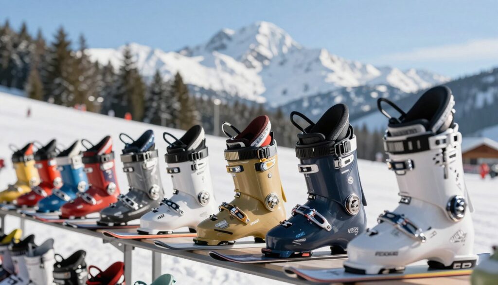 A detailed display of various ski boots showcasing different styles for skiing, prominently featured in the foreground with a clear focus on their unique designs. The boots should exhibit a range of colors and materials, emphasizing their features such as buckles, straps, and insulation. In the middle ground, include a subtle blurred background of a winter landscape, with snow-covered mountains and pine trees under a clear blue sky to enhance the alpine atmosphere. The lighting should evoke a bright, sunny day, casting soft shadows to add depth. The mood should be energetic and inviting, reflecting the excitement of winter sports. The image should be free from any text or watermarks, allowing the viewer to fully appreciate the ski boots.