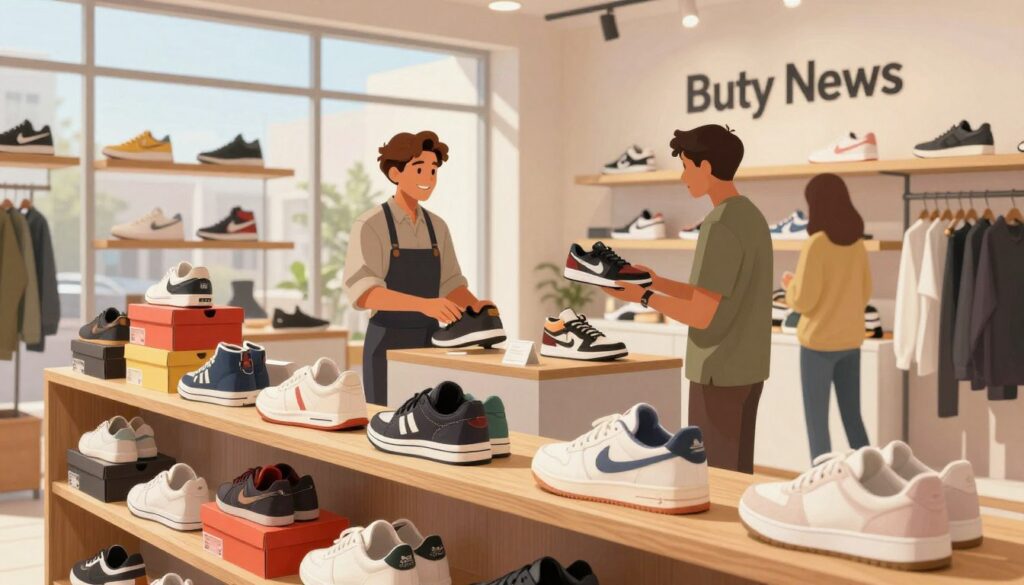 A detailed illustration of a stylish sneaker boutique called "Buty News," showcasing a modern and inviting interior. In the foreground, display neatly arranged sneakers on wooden shelves, with several shoe boxes stacked in attractive colors. The middle ground features a friendly shop attendant, wearing professional casual attire, interacting with a customer who is examining a sneaker with curiosity. The background reveals a bright, airy store with large windows, allowing natural light to flood in. Soft shadows enhance the textures of the sneakers and the sleek display fixtures. The atmosphere should feel vibrant and energetic, evoking a sense of excitement about the brand. Use warm lighting to create an inviting ambiance, and consider a slightly tilted angle to add dynamic perspective to the scene.