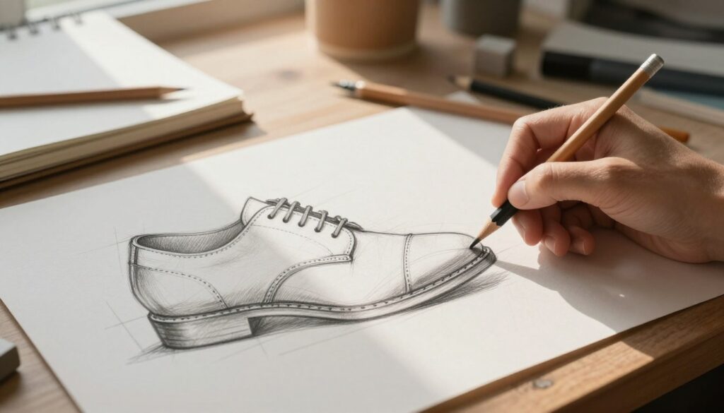 A detailed perspective drawing of a classic shoe, showcasing its elegant contours and proportions. In the foreground, focus on the shoe in a three-quarters view to highlight its shape and design elements, such as the laces and stitching. The middle ground features an artist's hand, carefully sketching the shoe with a pencil on textured paper, illustrating the drawing process. The background should be a softly blurred artist's workspace, with tools like sketchbooks, pencils, and erasers, illuminated by warm, natural light streaming from a nearby window. The overall mood is creative and inspiring, emphasizing the importance of perspective in art. The lens should convey a slightly elevated angle, enhancing the depth and dimensionality of the composition.