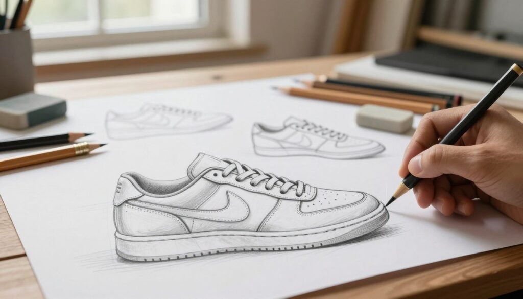A detailed, step-by-step pencil drawing of a shoe, showcasing various angles and perspectives to highlight its intricate shape and design. The foreground features a realistic depiction of a classic sneaker, providing focus on the contours, laces, and stitching details. In the middle, sketching tools like pencils, erasers, and sketch paper are arranged artistically to suggest an artist at work. The background is softly blurred, hinting at a cozy studio space with natural light streaming in through a window, creating a warm and inviting atmosphere. The entire composition is styled to reflect a creative and educational vibe, emphasizing the process of drawing while maintaining clarity and focus on the shoe.