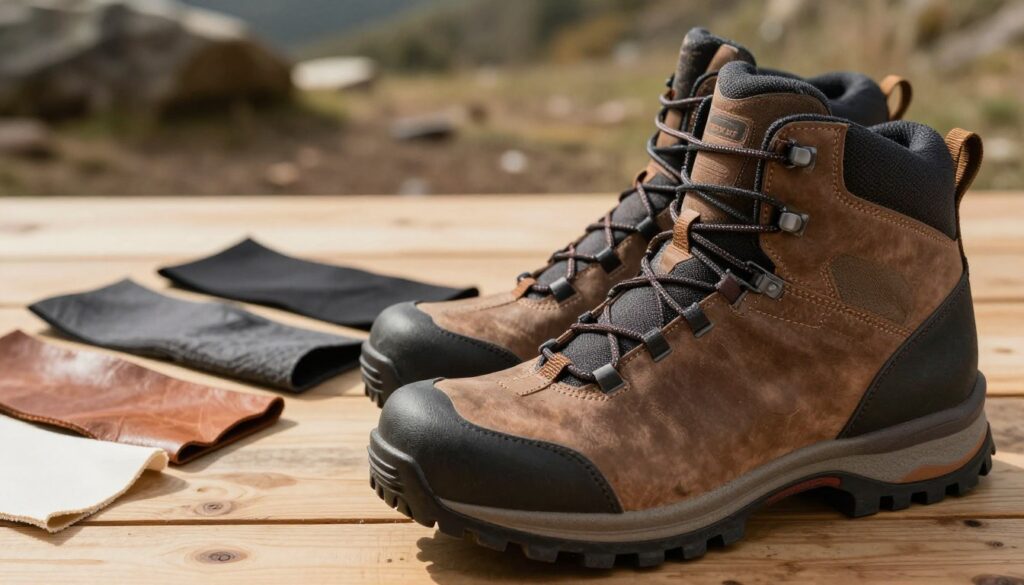 A detailed visual analysis of high-quality footwear materials, focusing on texture, stitching, and durability. In the foreground, showcase a pair of Elbrus hiking boots, emphasizing their robust construction and intricate details, like reinforced seams and weather-resistant fabrics. The middle ground features a close-up of various materials used in the boot, including leather, synthetic fabrics, and soles, displayed on a wooden surface for contrast. In the background, a softly blurred outdoor setting with uneven terrain hints at rugged hiking environments, enhancing the theme of durability. Warm, natural lighting illuminates the scene, casting soft shadows that emphasize texture. The mood is professional and insightful, inviting the viewer to appreciate the quality craftsmanship. Keep the composition clean and focused, with no text or distractions.