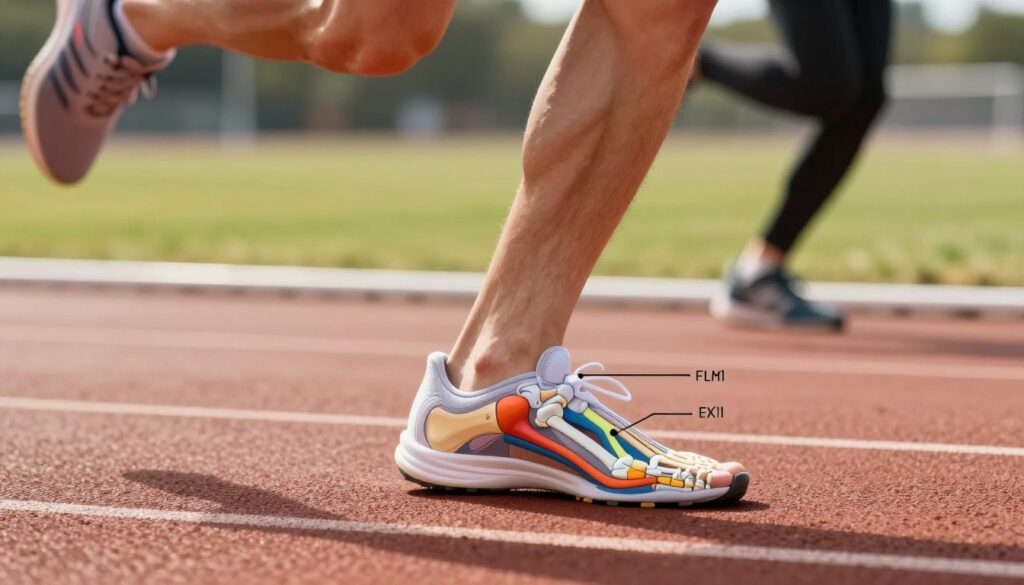 A dynamic and detailed illustration of foot biomechanics during running, featuring a close-up view of a human foot in motion, showcasing various stages of a running stride. In the foreground, focus on the anatomical structure of the foot, with colorful annotations highlighting key areas such as the arches, joints, and tendons, all depicted in a professional, educational style. The middle ground reveals a running track, giving context to the foot's biomechanics. In the background, a blurred silhouette of a runner, shown in modest athletic clothing, adds movement to the scene. The lighting is bright and natural, simulating a sunny day, while the angle is slightly elevated to capture the action and details of the foot's alignment and impact dynamics. The overall mood is informative and engaging, aimed at educating viewers about foot biomechanics in running.