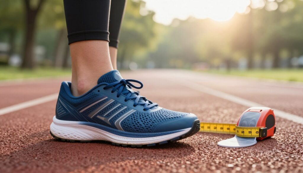 A dynamic, close-up shot of running shoes displayed prominently in the foreground, showcasing their sleek design, vibrant colors, and intricate details like breathable mesh and cushioned soles. The middle ground features a measuring tape and a foot-shaped guide, symbolizing the importance of size selection. In the background, a soft-focus view of a serene park track with gentle morning light filtering through the trees, creating a fresh and motivating atmosphere. The image should have warm, inviting lighting to evoke a sense of comfort and readiness for training. Capture this composition at an eye-level angle to engage viewers and highlight the shoes as the focal point, without any text or additional distractions.