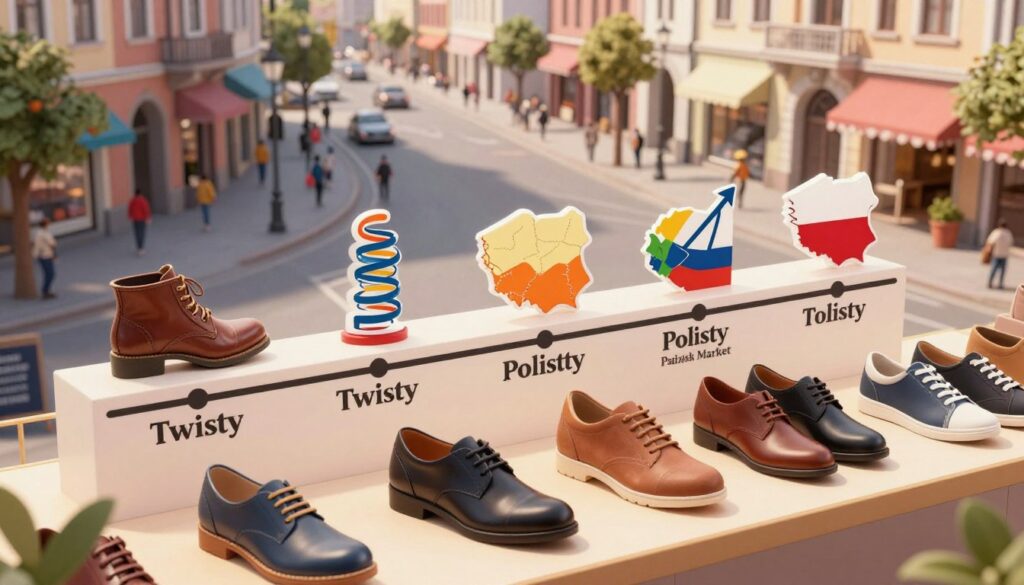 A dynamic illustration showcasing the evolution of the Twisty brand in the Polish market. In the foreground, feature a stylish display of various Twisty shoe models, emphasizing their unique designs and colors. In the middle ground, include a timeline featuring key milestones of the brand’s history, represented by symbolic imagery such as a vintage shoe, a map of Poland, and spiraling graphics indicating growth and change. The background should display a bustling modern Polish street, symbolizing contemporary urban life. Use warm, inviting lighting to create an uplifting atmosphere, captured with a slight aerial angle to provide depth. The overall aesthetic should be professional and engaging, suitable for a focused business article.