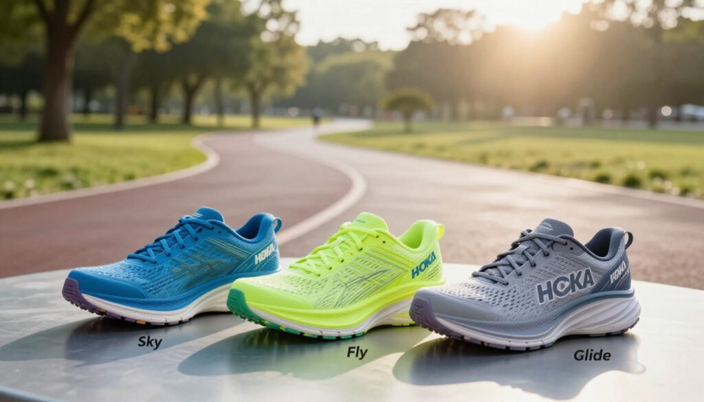 A dynamic scene showcasing Hoka running shoes prominently displayed in the foreground, highlighting three distinct models labeled 'Sky', 'Fly', and 'Glide'. The shoes are arranged artistically on a sleek, reflective surface to emphasize their design and color variations: the 'Sky' model in vibrant blue, the 'Fly' model in a striking neon green, and the 'Glide' model in a calming gray. In the middle ground, an abstract representation of a jogging path curves gently, suggesting movement and athleticism. The background features a soft-focus park landscape with trees and a sunrise, creating an uplifting and energetic atmosphere. The lighting is bright and natural, casting soft shadows to enhance the shoe details, while a slight lens flare adds warmth to the scene, evoking a sense of adventure and freedom.