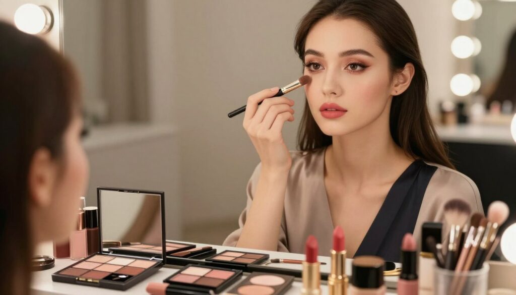 A glamorous evening makeup look, focusing on elegant and sophisticated styles. In the foreground, display a beautifully arranged makeup set with high-quality products like eyeshadow palettes, lipsticks, and brushes, all reflecting a soft glow. The middle ground features a close-up of a woman applying makeup with meticulous precision, showcasing bold eyes and a perfectly crafted lip color, dressed in a classy, modest evening outfit. The background is soft and blurred, suggesting a warm, ambient light setting reminiscent of an upscale makeup studio, enhancing the mood of sophistication and creativity. The lighting should be soft and warm, highlighting the subject's features without harsh shadows, creating an inviting and inspiring atmosphere that encourages makeup artistry.