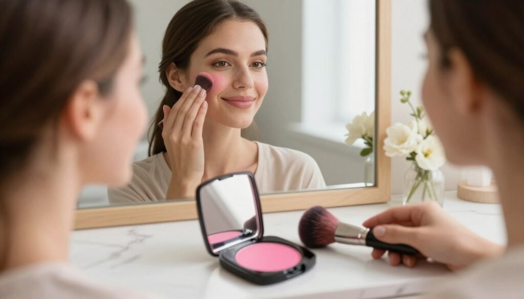 A graceful composition focusing on a soft pink blush compact and a soft brush laid on a marble vanity table. In the foreground, the blush compact should be open, revealing a vibrant pink hue that suggests freshness and vitality. The middle layer features a professional, modestly dressed woman applying the blush to her cheeks with a gentle smile, her makeup subtly enhancing her features. The background showcases a softly blurred mirror and delicate flowers, creating an inviting atmosphere. The lighting should be warm and natural, evoking a sense of morning or early afternoon. The lens angle captures an intimate view of the woman in her beauty routine, conveying a mood of serenity and confidence.