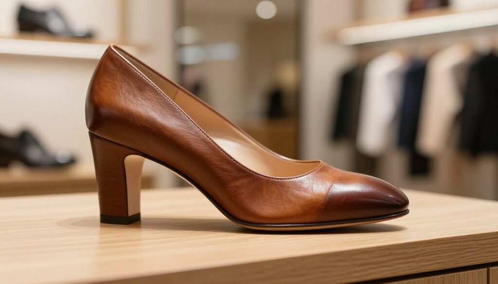 A high-quality photographic composition showcasing the craftsmanship of a natural leather pump shoe. In the foreground, focus on the detailed texture of the leather, highlighting its richness and quality. The shoe sits elegantly on a light, polished wooden surface, with delicate lighting that emphasizes the soft sheen of the leather. In the middle ground, display a subtle blurred background of a stylish boutique setting, with soft, warm lighting to create an inviting atmosphere. The angle should be slightly elevated, capturing the arch and silhouette of the shoe from an artistic perspective. The mood should feel refined and sophisticated, reflecting the elegance and comfort of the footwear, perfect for discerning customers.