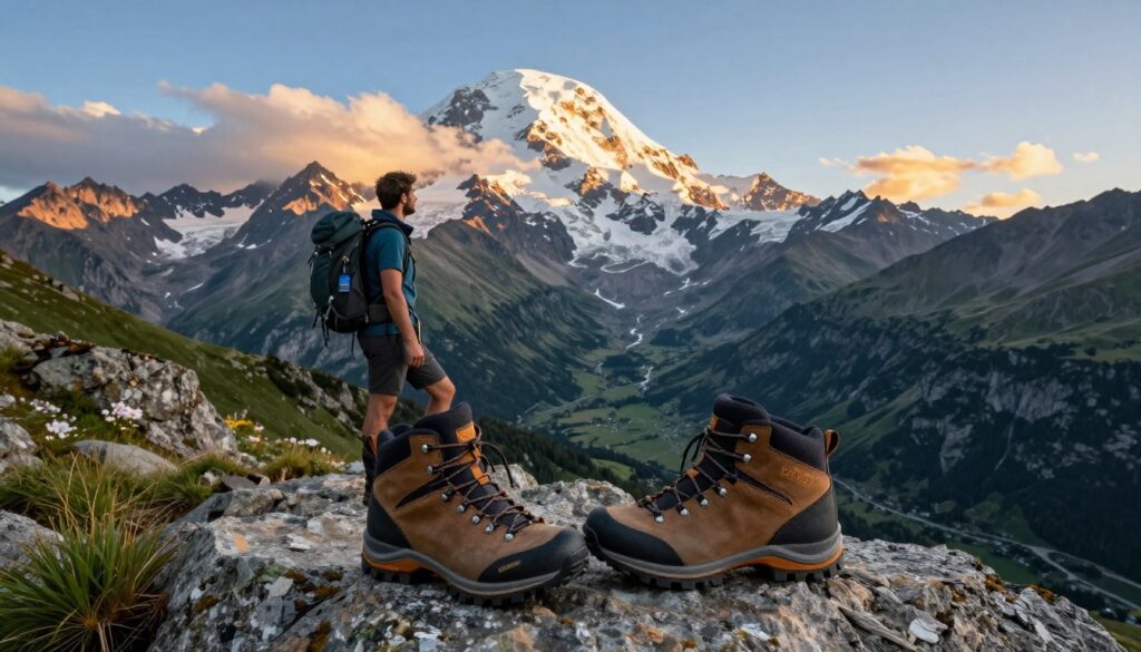 A majestic view of Mount Elbrus, its snow-capped peak gently illuminated by the golden hues of a sunrise, surrounded by rugged mountain terrain and lush green valleys. In the foreground, a pair of stylish Elbrus hiking boots sits on a rocky ledge, showcasing their durable and sleek design. The middle ground features an adventurous hiker, equipped with professional outdoor gear, gazing towards the summit, embodying the spirit of exploration. The background reveals a breathtaking panoramic vista of surrounding peaks, with wispy clouds drifting in a pristine blue sky. The atmosphere is one of inspiration and adventure, reflecting the outdoor brand's connection to nature and high-quality craftsmanship. The lighting is soft and warm, enhancing the natural beauty of the scene, captured with a wide-angle lens for depth.