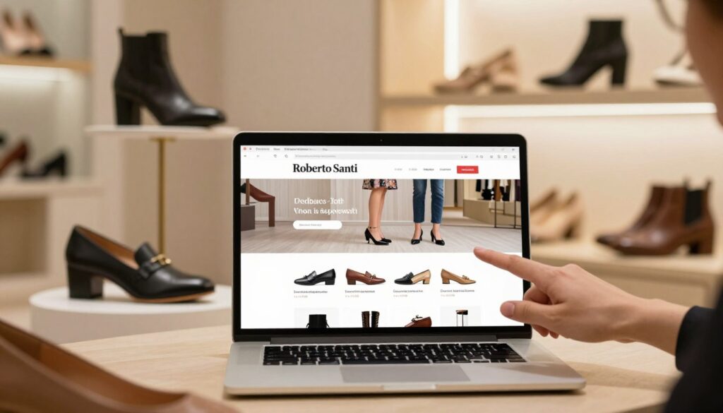 A modern and inviting online shopping experience featuring Roberto Santi shoes. In the foreground, display a sleek laptop showing the Roberto Santi website with stylish, curated shoe options. A hand reaches towards the screen, indicating user engagement. In the middle layer, incorporate elegant shoe displays or racks in a digital format, showcasing various designs and colors. The background includes soft, ambient lighting that creates a warm, welcoming atmosphere, emphasizing a comfortable shopping environment. The scene captures a sense of excitement and convenience associated with online shopping, focusing on quality and stylish footwear. The overall mood is vibrant and exciting, aimed at attracting potential customers to explore the collection.