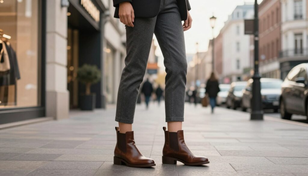 A modern fashion scene featuring stylish ankle boots paired with tailored trousers. In the foreground, a close-up of a well-dressed individual wearing slim-fit, cropped trousers that taper to reveal chic ankle boots. The outfit showcases a contemporary balance between formal and casual, with attention to fit and style. In the middle, the setting is a chic urban street filled with stylish storefronts. Soft morning light casts a warm glow, enhancing the textures of the fabric and the polished leather of the boots. The background includes blurred silhouettes of city buildings that suggest a lively metropolis. The overall mood conveys sophistication and modernity, perfect for fashion enthusiasts looking for inspiration.