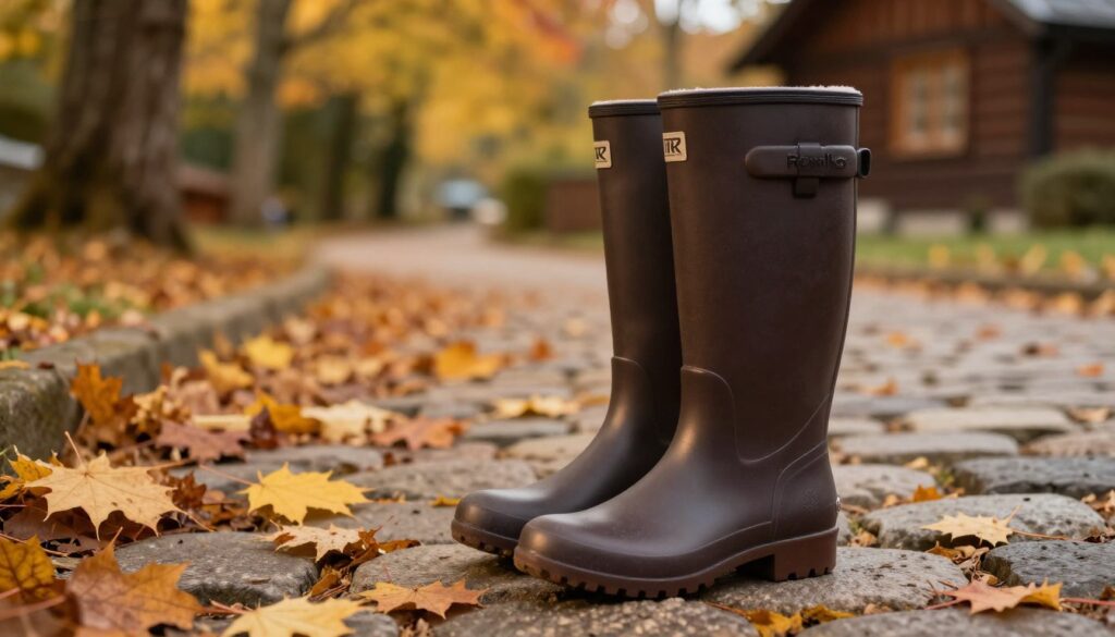 A pair of stylish Romika rubber boots positioned prominently in the foreground, showcasing their sleek design and unique texture. The boots are a rich, deep color with subtle shine, capturing light to highlight their quality. In the middle ground, there are vibrant autumn leaves scattered on a cobblestone path, adding warmth and context to the scene. In the background, a soft-focus view of a rustic outdoor setting, featuring trees and a hint of a cozy cabin, creates a welcoming atmosphere. The lighting is warm and diffused, simulating a late afternoon glow. The overall mood is inviting, emphasizing the comfort and practicality of Romika footwear in everyday life.