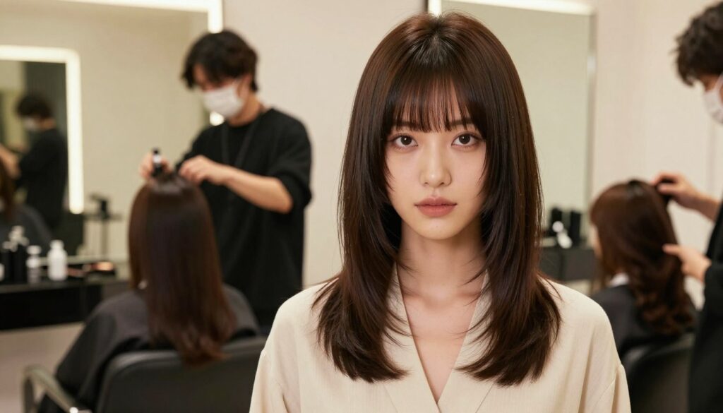 A portrait of a fashion-forward woman with a stylish fringe haircut, showcasing varying lengths of hair around her shoulders. She stands in a well-lit, modern salon setting, with mirrors reflecting her confident demeanor. The foreground highlights her expressive features and the texture of her hair, while the middle ground includes sleek salon equipment and a hair stylist working on another client. The background features soft, ambient lighting that creates a warm atmosphere, emphasizing the artistry of hair styling. The overall mood is uplifting and professional, promoting the idea of personal transformation through hairstyle choices. The woman is dressed in elegant yet modest attire, perfect for a fashionable yet professional setting.