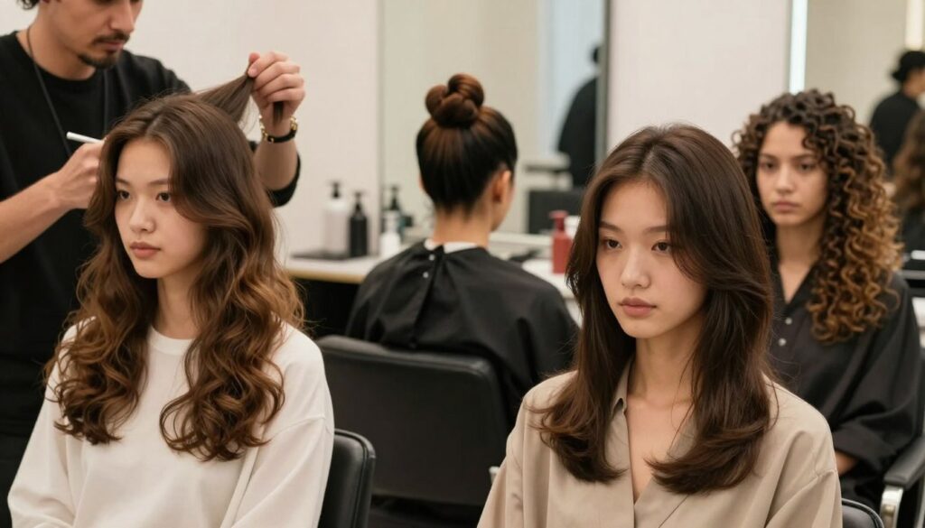 A professional hairstylist showcasing a variety of hairstyles for a long face shape. The foreground features a diverse model with a long face, wearing a modest, stylish outfit, displaying three different hairstyles: one with soft waves, another with a sleek bun, and a third with layered curls. In the middle background, salon equipment and mirrors are subtly visible, creating a beauty studio atmosphere. The lighting is soft and warm, highlighting the textures of the hair, creating an inviting and professional environment. A shallow depth of field focuses on the model while softly blurring the background, ensuring the emphasis is on the hairstyles that complement a long face. The overall mood is vibrant, inspiring confidence and elegance.
