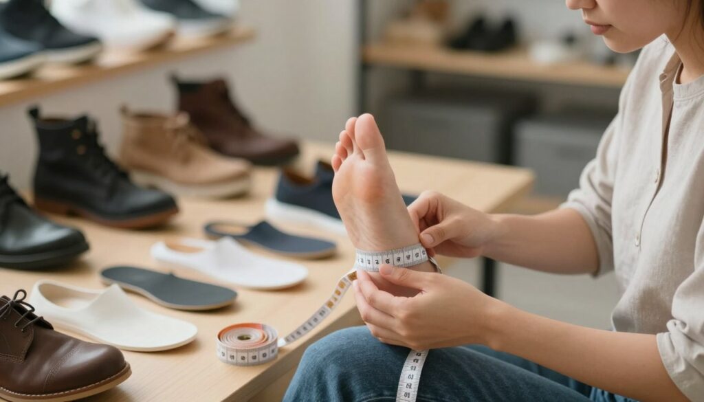 A professional setting showcasing a close-up of a foot being measured with a measuring tape. In the foreground, a person wearing modest casual clothing is sitting comfortably, looking focused as they extend their foot. The measuring tape coiled around the foot, clearly displaying the measurement process. In the middle ground, a neatly arranged collection of various shoe sizes and styles is visible, suggesting the importance of accurate measurement. The background features a subtle workshop atmosphere with soft, diffused lighting that highlights the foot and measuring tape while creating a warm, inviting mood. The scene conveys an educational tone, emphasizing the accuracy and care needed while measuring feet for comfortable shoe sizing.