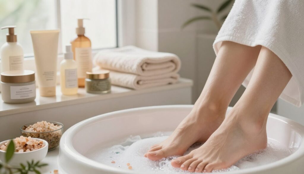A serene and inviting bathroom setting highlighting the importance of foot hygiene. In the foreground, there is a pair of well-groomed feet soaking in a foot spa, surrounded by calming elements such as soothing salts and fresh herbs. The middle ground features a neatly arranged shelf with luxury foot care products, like moisturizers and scrubs, along with a soft towel. The background shows a softly lit window allowing natural light to filter in, creating a warm atmosphere. The scene is captured from a slightly elevated angle, emphasizing the pampering experience and promoting a sense of relaxation and cleanliness. The color palette is soothing, with soft pastels and earthy tones to evoke comfort and care.