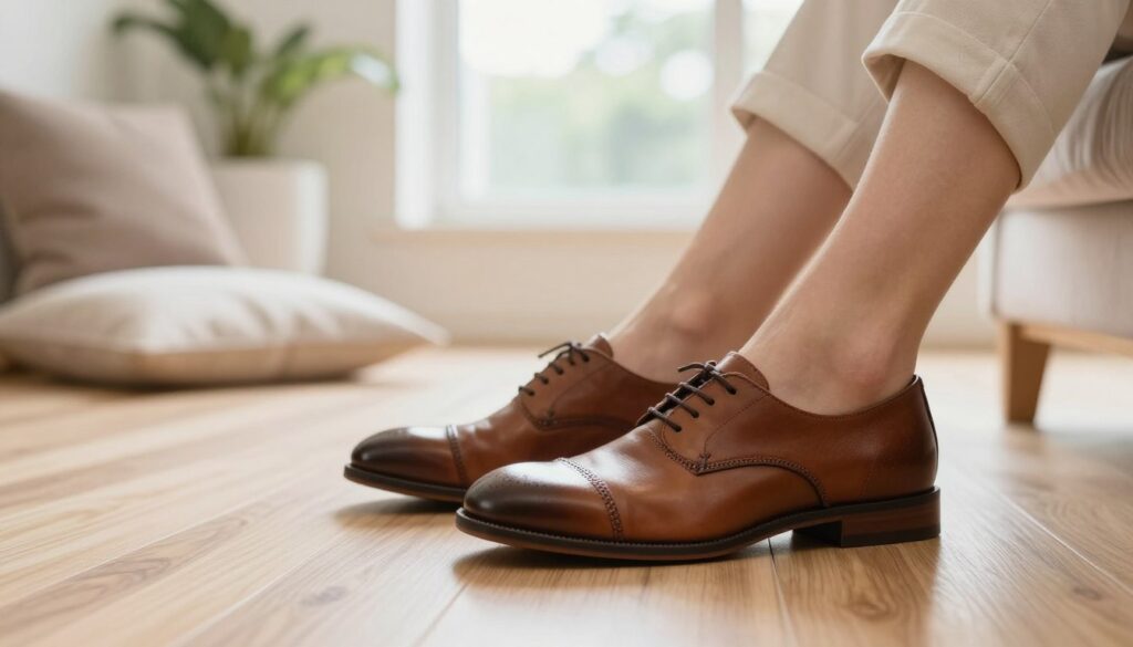 A serene and inviting indoor environment showcasing a stylish pair of Roberto Santi shoes on a clean wooden floor. In the foreground, focus on a well-crafted leather shoe with a sleek design, emphasizing its intricate stitching and texture. The middle ground features a cozy seating area with soft cushions, subtle greenery in the background, and warm, natural light filtering through a large window, creating a comfortable and calming ambiance. The atmosphere exudes relaxation and luxury, highlighting the brand's commitment to comfort. Use soft focus for a dreamy effect, capturing the essence of a customer’s feet resting comfortably as they enjoy their surroundings. Aim for a bright, airy feel that evokes a sense of ease and satisfaction.
