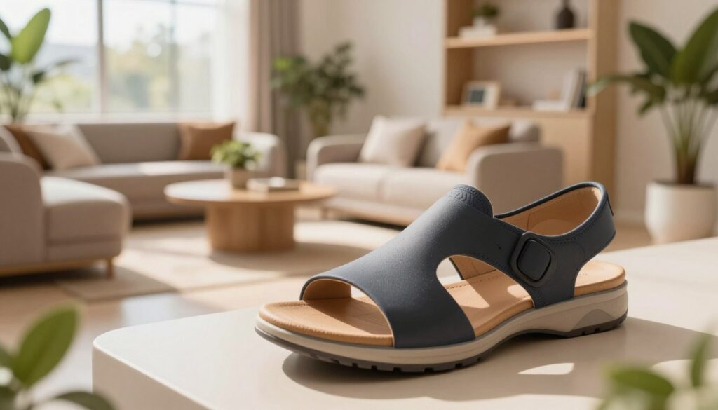 A serene and inviting indoor setting showcasing innovative footwear technology focused on comfort. In the foreground, display a close-up of a stylish shoe crafted from premium materials, emphasizing ergonomic design features like cushioned insoles and flexible soles. In the middle ground, a modern, well-lit lounge area with soft lighting creates a relaxed atmosphere, featuring plush seating and natural elements like potted plants. In the background, large windows allow warm sunlight to filter in, casting gentle shadows and enhancing the cozy ambiance. The overall mood is tranquil and inviting, evoking a sense of relaxation and well-being. Capture the image from a slightly elevated angle, highlighting the shoe while maintaining the surrounding environment.