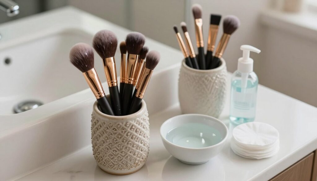 A serene and organized bathroom countertop, featuring a set of freshly cleaned makeup brushes arranged neatly in a decorative holder. The foreground showcases the brushes with glistening bristles, emphasizing their pristine condition. In the middle, a small bowl filled with a clear disinfectant solution reflects soft, natural light, alongside a few cotton pads and a small bottle of brush cleaner. The background subtly blurs a clean, stylish sink with gentle lighting that enhances the hygienic atmosphere. The mood is calming and meticulous, ideal for demonstrating the final stage of makeup brush hygiene. Capture the image from a slightly elevated angle to emphasize the arrangement and cleanliness of the setup.