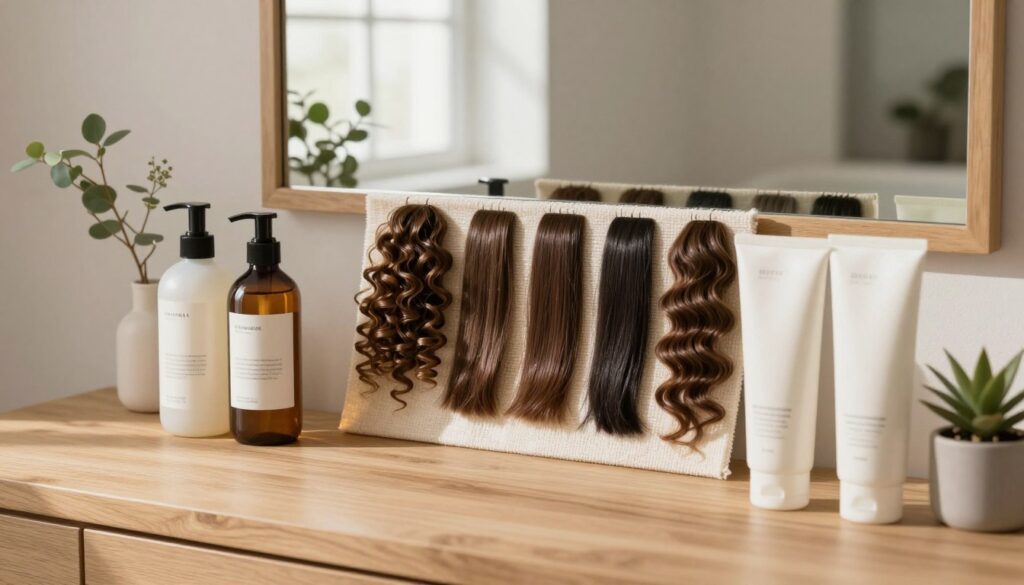 A serene bathroom setting with soft natural lighting illuminating a wooden vanity. In the foreground, an array of elegant hair care products such as shampoos, conditioners, and styling creams, beautifully arranged with their labels facing outward. The middle ground features a textured hair swatch displaying a variety of hair types, showcasing glossy, defined curls, sleek straight strands, and voluminous waves. In the background, a large mirror reflects the products, creating depth. The mood is calm and inviting, conveying a sense of daily self-care and refinement. A few delicate green plants are placed around, adding a touch of freshness to the scene. The angle is slightly tilted, focusing on the products, emphasizing their importance in daily hair care routines.