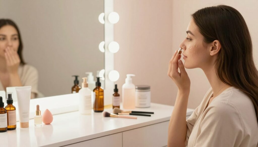 A serene beauty studio setting that captures the essence of skincare preparation for makeup. In the foreground, a professional woman with modest attire applies a hydrating serum to her face, showcasing a meticulous skincare routine. The middle layer features a beautifully arranged vanity with various skincare products like moisturizers, toners, and serums, along with essential tools such as brushes and sponges. The background includes soft, diffused lighting that creates a warm, inviting atmosphere, with pastel-colored walls and a mirror reflecting the tranquility of the space. The overall mood is calm and focused, conveying the importance of preparing the skin as a fundamental step for a flawless makeup application. The composition emphasizes clarity and professionalism, ideal for a guide on makeup preparation.