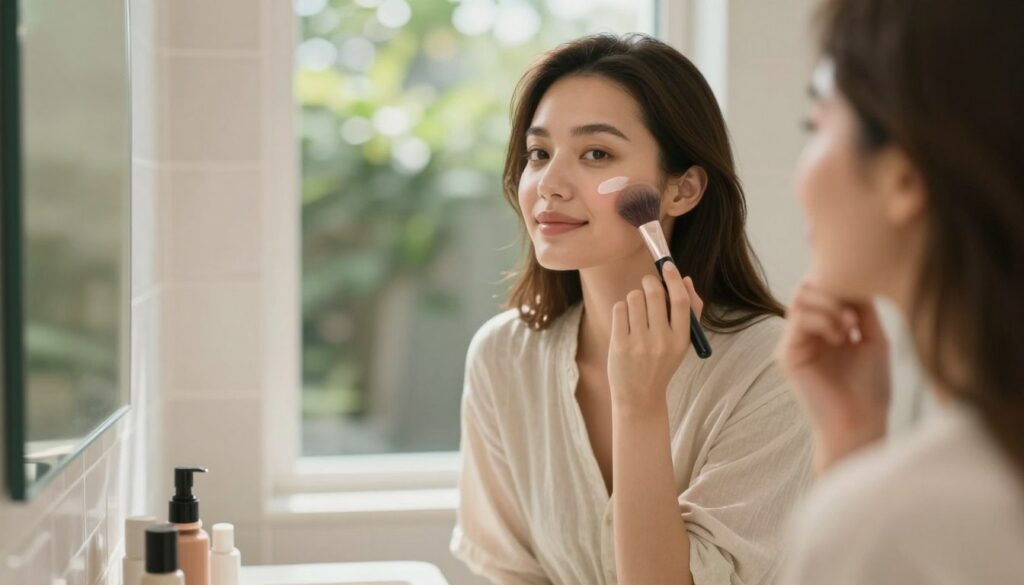 A serene woman applying a no-makeup makeup look in a sunlit bathroom, showcasing her natural beauty. She has radiant, clear skin with a soft glow, emphasizing minimalistic beauty products like a light tinted moisturizer, sheer blush, and a hint of lip balm. The foreground features a simple vanity with natural light streaming through a window, reflecting off softly textured tiles. In the middle, the woman, dressed in a casual yet elegant outfit, is gently touching her cheeks with a makeup brush, embodying confidence and tranquility. The background displays soft, blurred greenery outside, enhancing the fresh and natural atmosphere of the scene. The warm, inviting lighting creates a peaceful ambiance, perfect for the theme of everyday beauty.