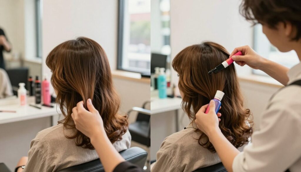 A side-by-side visual representation of hair care before and after styling, featuring a professional hairstylist working with a client in a modern salon setting. In the foreground, the stylist is applying a nourishing treatment to the client's hair, showcasing vibrant salon equipment and hair care products. The middle ground displays the client, a woman in casual yet stylish attire, with healthy, shiny hair reflecting the product's effects. In the background, a bright and airy salon ambiance adds warmth, with soft natural lighting streaming through large windows. The atmosphere is friendly and inviting, emphasizing the transformative journey of 70s-inspired retro hairstyles, capturing the essence of hair care and styling with a touch of nostalgia.