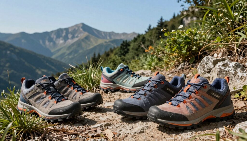 A split-image showcasing a variety of trekking shoes designed for both men and women. In the foreground, prominently feature a pair of men's trekking shoes, robust and rugged, with a dark color palette and textured materials, alongside a pair of women's trekking shoes, stylish yet practical, in vibrant colors with a sleek design. In the middle ground, depict a natural setting such as a mountain trail with lush greenery and rocky paths to emphasize outdoor adventuring. In the background, distant mountains under a clear blue sky, casting soft shadows that suggest early morning light. The atmosphere should feel adventurous and inviting, highlighting the differences in design and color between the male and female models. The image should be well-lit, capturing details clearly, with a focus on the footwear as the focal point.