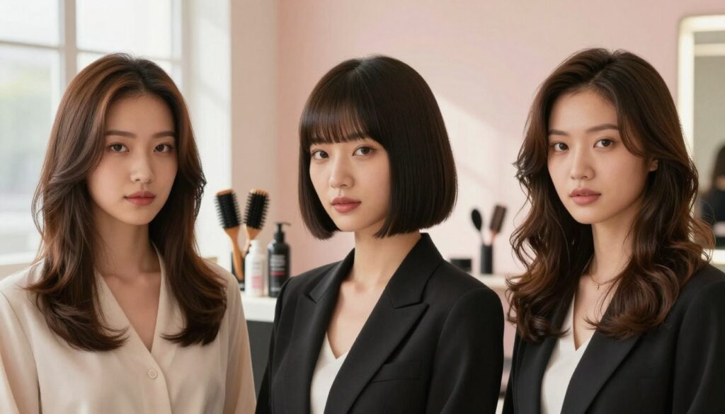 A stylish and modern hairstyle guide for oval faces. The foreground features a diverse group of three women with different hair textures and colors, each showcasing flattering hairstyles specifically designed for oval face shapes: a long, layered haircut, a chic bob, and soft waves. They wear elegant, professional attire, enhancing their sophisticated appeal. In the middle ground, there are hair styling tools like brushes and hair products, subtly positioned to create context. The background consists of a soft-focus salon environment with pastel-colored walls and gentle lighting, creating a warm and inviting atmosphere. Bright, natural light streams in from a window, casting a soft glow on the scene, emphasizing the hairstyles. The overall mood is inspirational and empowering, promoting confidence in choosing the right hairstyle.