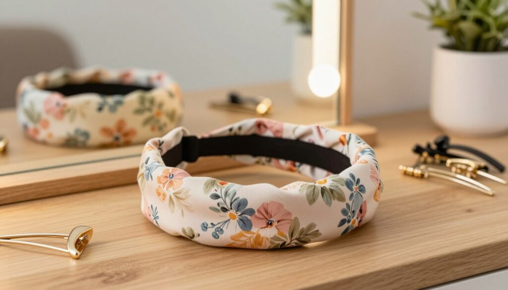 A stylish and modern headband (opaska do włosów) prominently displayed in the foreground, crafted from soft fabric with floral patterns in pastel colors. The headband rests on a sleek wooden table, surrounded by hair accessories such as bobby pins and hair clips. In the middle, a softly lit dressing area with a mirror reflects the headband, creating a warm and inviting atmosphere. The background features a cozy room setting with light-colored walls and indoor plants, enhancing the essence of everyday elegance. The lighting is natural and diffused, highlighting the texture of the fabric while creating gentle shadows. The mood is fashionable yet approachable, capturing the essence of practical hairstyles paired with stylish accessories, suitable for various face shapes.