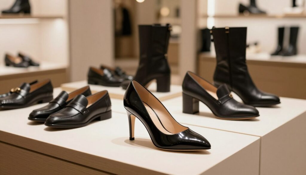 A stylish and modern shoe display featuring various models of elegant footwear by "5th Avenue." In the foreground, focus on a chic, polished black high-heeled shoe elegantly positioned on a minimalist pedestal, illuminated by soft, warm lighting that highlights its design details. In the middle, showcase an assortment of other models, including classic loafers and sophisticated boots, arranged in a visually appealing manner to suggest a curated collection. The background should be a blurred, upscale retail environment with hints of luxurious decor and soft lighting, creating an inviting atmosphere. Use a wide-angle lens effect to capture the depth and elegance of the scene, emphasizing the choice and quality that defines the 5th Avenue brand. The overall mood should exude sophistication and style, inviting viewers to explore their ideal footwear choice.