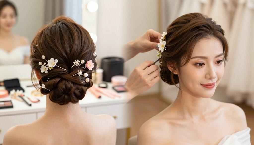 A stylish bride preparing for a wedding with elegantly done short hair, showcasing various DIY hairstyles. In the foreground, focus on a close-up of the bride's beautiful face with a soft smile, dressed in a simple but elegant wedding outfit. The middle section features an array of hair accessories like delicate flowers, chic pins, and ribbons neatly arranged on a vanity table. The background includes a blurred, romantic setting resembling a wedding venue with soft, warm lighting, evoking a joyful atmosphere. The lighting should highlight the bride’s hair texture and accessories, emphasizing their elegance and charm. Capture this moment from a slightly elevated angle to capture both the bride's expression and the styling elements, ensuring it feels intimate and inviting.