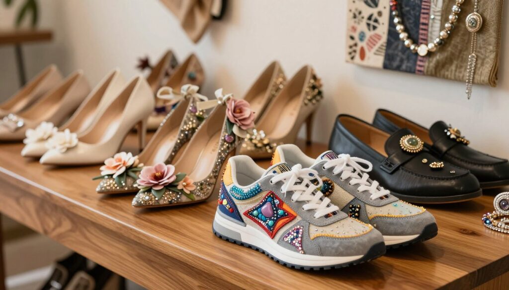 A stylish display of embellished shoes on a polished wooden surface in a soft, well-lit room. In the foreground, focus on a pair of trendy sneakers adorned with colorful patches, beads, and lace embellishments, showcasing a creative blend of styles. In the middle ground, a variety of shoe types include elegant heels decorated with ribbons and flowers, and casual loafers enhanced with quirky pins and brooches, reflecting different fashion statements. The background features an artistic arrangement of decorative elements, like fabric swatches and jewels, creating an inviting, fashionable atmosphere. The lighting is warm and inviting, emphasizing the textures and colors of the shoe decorations. The portrait-style angle captures the essence of creativity in shoe decor, inspiring original and fashionable looks.